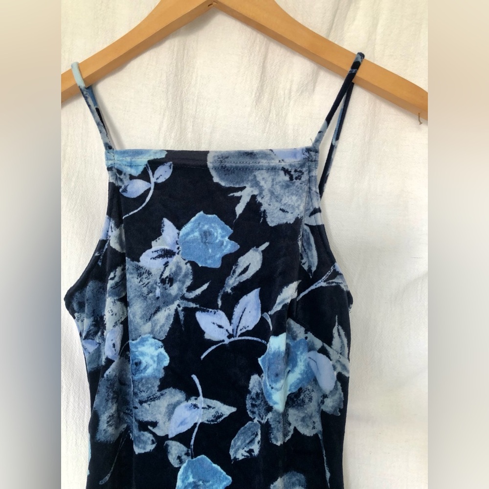 Vintage 90’s Tendency Blue Floral Velour Evening or Grunge Maxi Dress - Picture 2 of 5